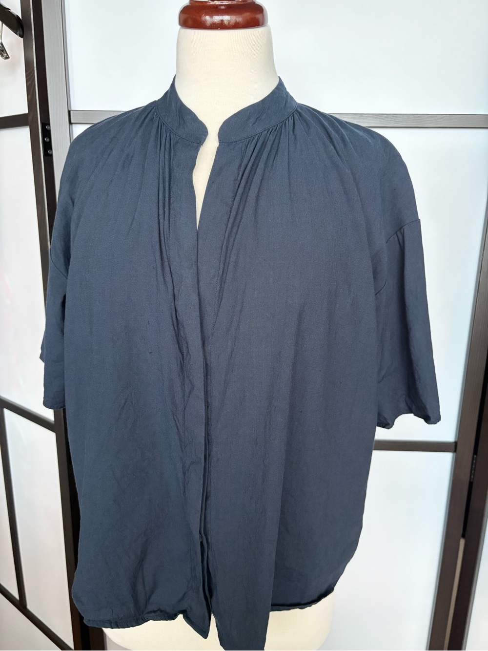 Vince Linen Blend Oversized Popover Blouse Navy Blue Short Sleeve Size S